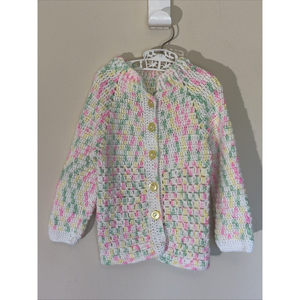 Handmade White Pastel‎ Crochet Button Front Cardigan Sweater Toddler Little Girl